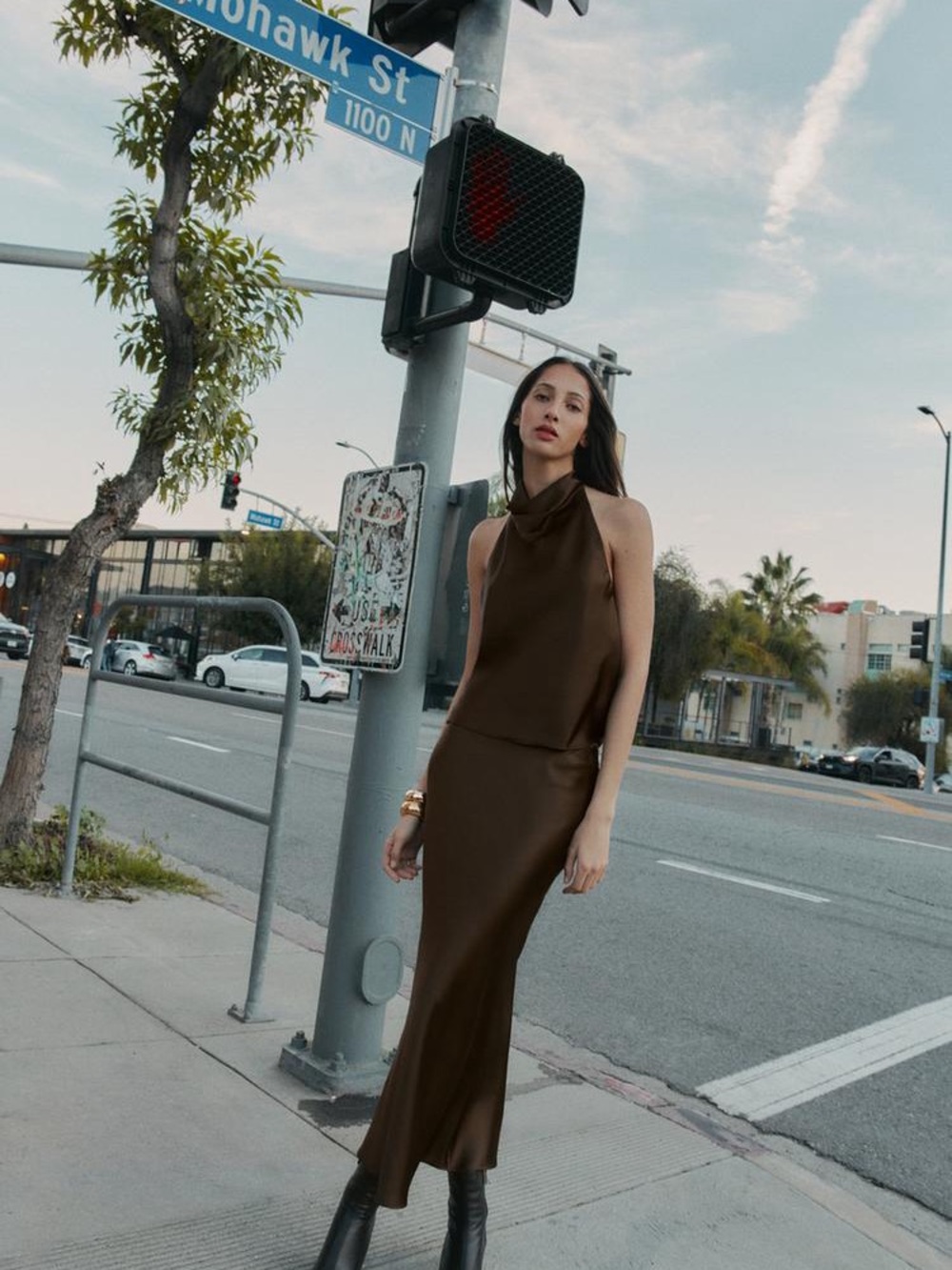 Zara Brown Satin Halter-Neck Wide-Leg Jumpsuit